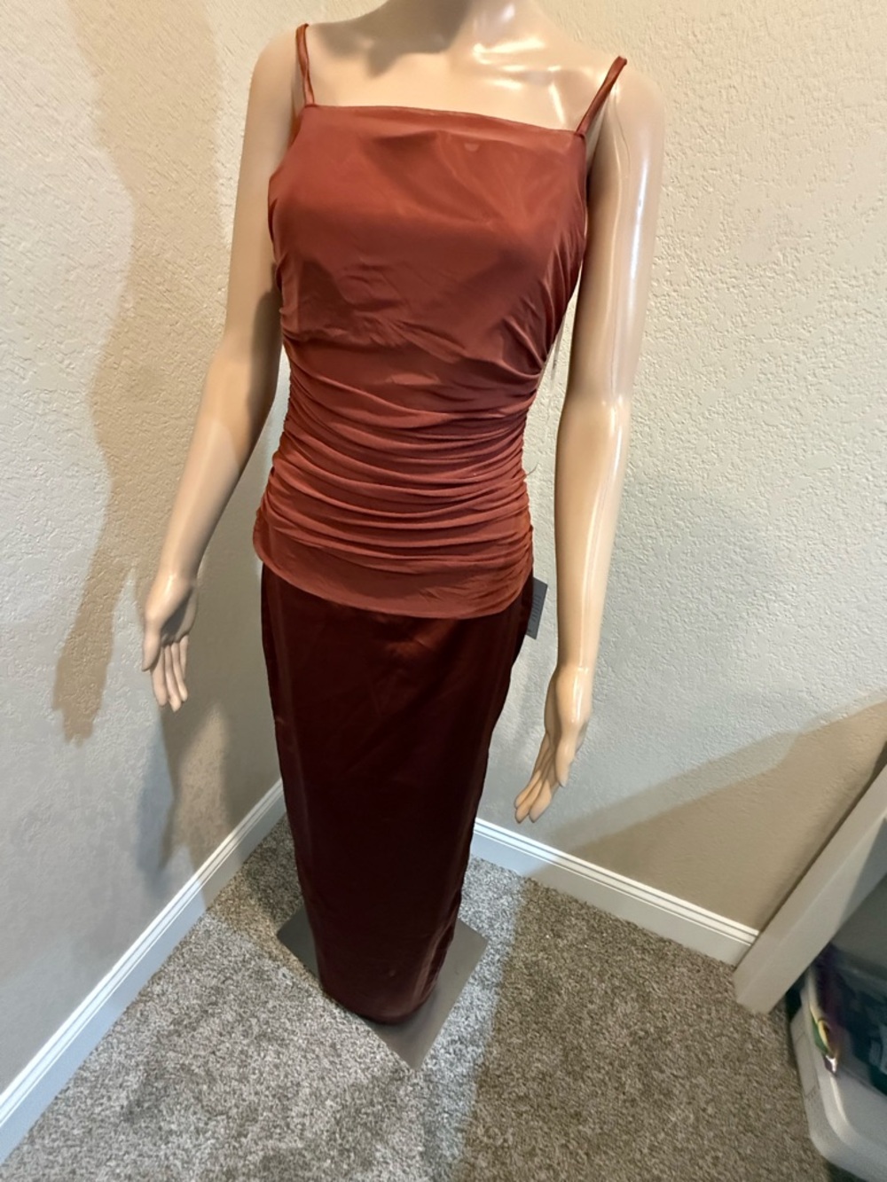 New! Lulu's Rust Red Satin Ruched Slip Prom / Formal Dress — Size Small - Picture 3 of 7